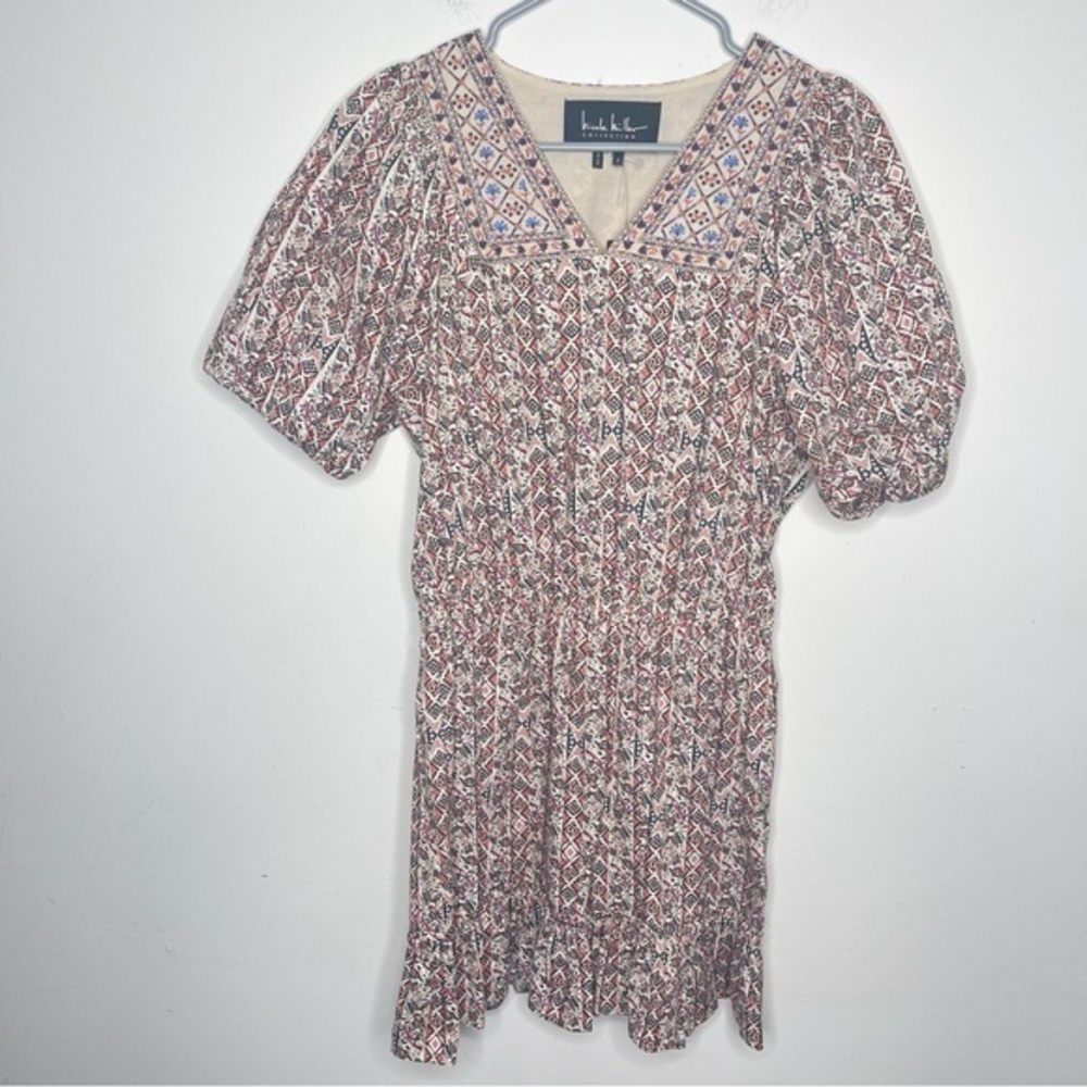 Nicole Miller Collection Embroidered Dress Bird Print Ruffle Bottom Cott…